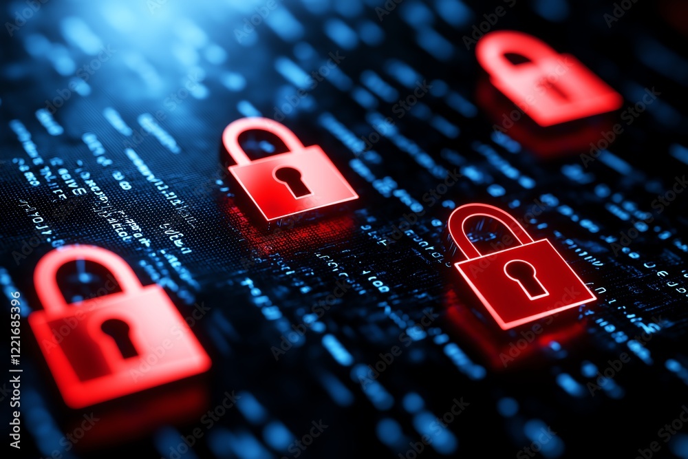 Poster a close-up view of digital security with red padlocks representing encryption and data protection ag