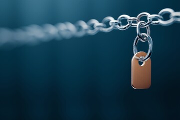 Fototapeta premium A close-up shot of a metallic padlock attached to a chain against a blurred blue background, symbolizing security and protection in business and personal affairs.