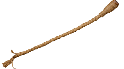 Twisted Hemp Rope: A long length of thick, natural-fiber hemp rope, intricately twisted and frayed at the ends, isolated against a plain background. The texture is rough and rustic.