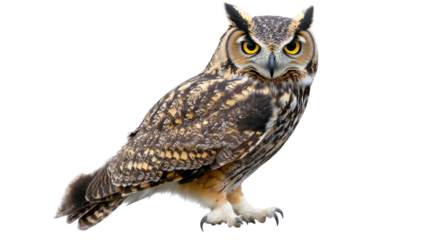 Wise Eyes of the Great Horned Owl: A captivating portrait of a Great Horned Owl with its distinctive ear tufts, piercing yellow eyes, and intricate feathered plumage.