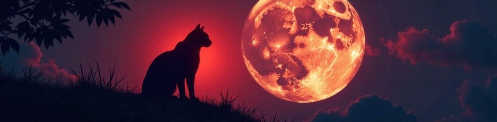 Feline silhouette against a full moon , night, full moon
