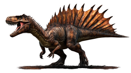 Fototapeta premium Spinosaurus: A powerful and imposing Spinosaurus dinosaur with a distinctive sail on its back, roars with a fierce expression, its massive teeth and claws hinting at its predatory nature.