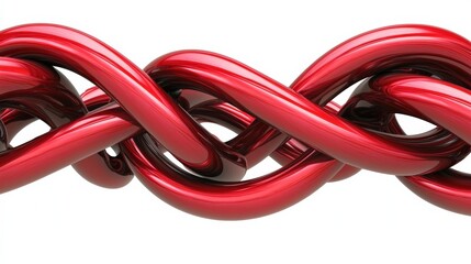 A close-up view of intertwined red chains, showcasing a smooth, glossy finish and a complex pattern of loops.