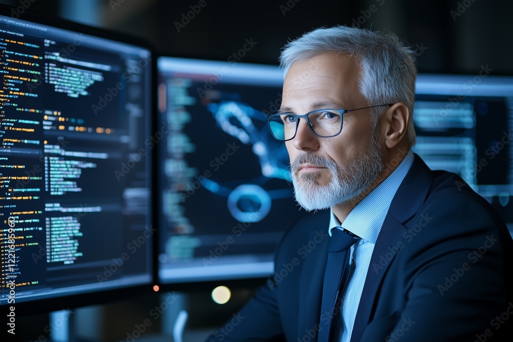 Poster a focused businessman working at a computer, analyzing data on dual monitors in a modern office. his