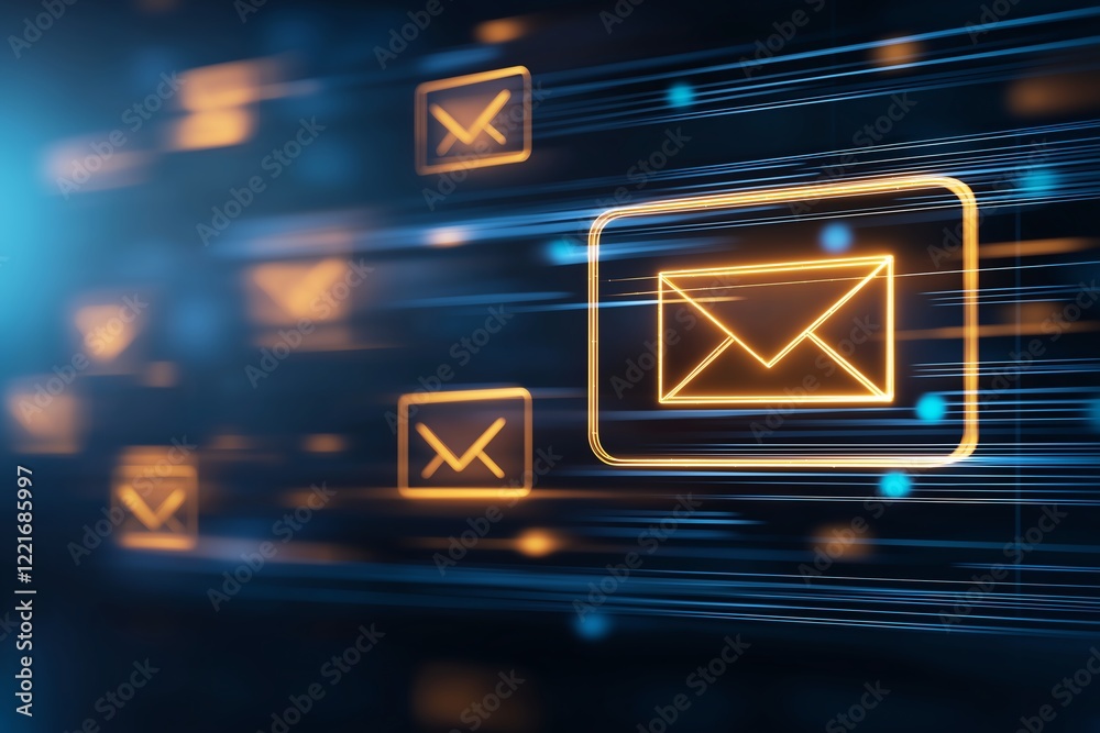 Poster a dynamic representation of digital communication with glowing email icons and light trails, illustr