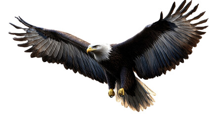 Naklejka premium Bald Eagle in Flight: A powerful bald eagle with its impressive wingspan, sharp talons, and piercing gaze, soars through the air, capturing the essence of freedom and majesty. 