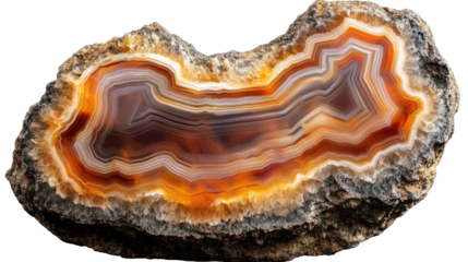 Agate Slice: A captivating polished agate slice reveals intricate bands of warm browns, oranges, and creams, showcasing the mesmerizing beauty of this natural gemstone.