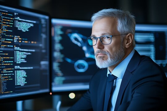 A focused businessman working at a computer, analyzing data on dual monitors in a modern office. His thoughtful expression reflects deep concentration in a tech-driven environment.
