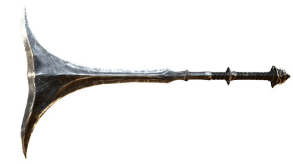 Ancient War Axe: A detailed close-up of a weathered, ancient war axe, its blade shaped like a crescent moon, hinting at battles long past.