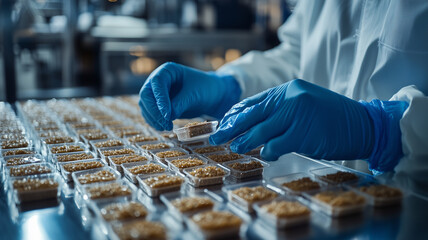 Worker Carefully Inspecting Small Parts on Assembly Line