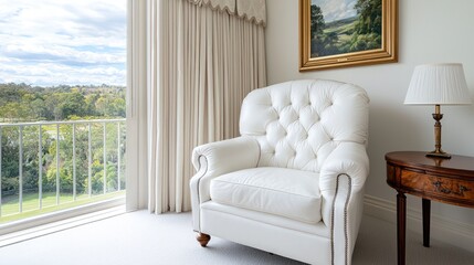 A cozy white armchair beside a wooden table and a scenic window view.