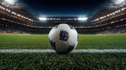 Obraz premium A close-up of a soccer ball on the field, illuminated by stadium lights at night.
