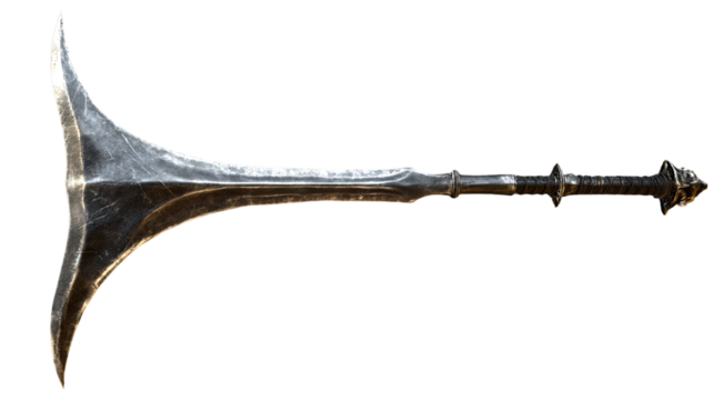 Ancient War Axe: A detailed close-up of a weathered, ancient war axe, its blade shaped like a crescent moon, hinting at battles long past.