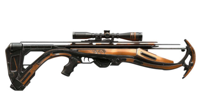 Futuristic Crossbow Rifle: A sleek, high-tech crossbow rifle with a scope, blending futuristic design elements with traditional crossbow mechanics.  The weapon features a modern.
