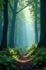 Forest mist rises from forest floor , nature, forest landscape, fog