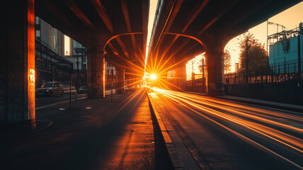 Vibrant Sunset Rays Through City Underpass