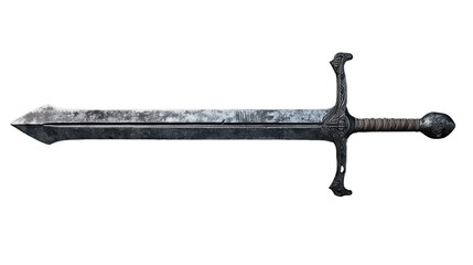 Obraz premium Medieval Sword: A weathered longsword, a relic of a bygone era, its blade etched with the stories of countless battles, rests against a clean backdrop.