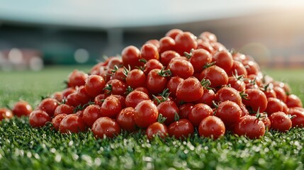 A vibrant pile of ripe tomatoes on green grass, showcasing fresh produce.