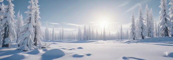 Frozen landscape with snow-covered trees at the North Pole, polar, icy, trees