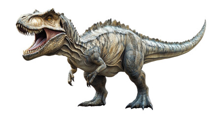 Fototapeta premium Tyrannosaurus Rex Roar: A majestic Tyrannosaurus Rex, rendered in photorealistic detail, stands poised with its jaws open in a fearsome roar.