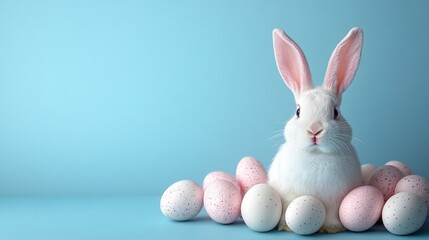 Obraz premium Bunny ears and white eggs placed on a soft pastel backdrop with empty space for messaging