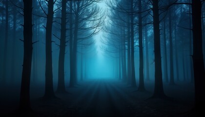 Naklejka premium Mysterious foggy forest at night. Tall trees cast long shadows on dark ground. Eerie blue light creates mysterious atmosphere. Silent, tranquil scene. Night landscape. Haunting ambiance. Forest path.