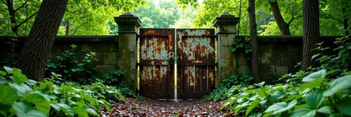 Abandoned, rusty gate in a wooded area with vines covering it, gate, vegetation, decay