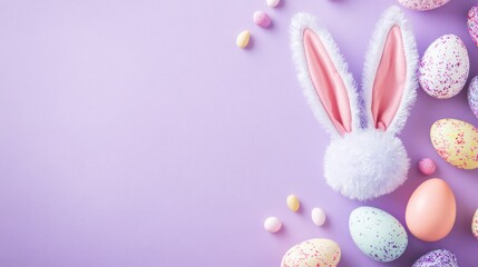 Bunny ears, colorful eggs, and cheerful decorations creating a celebratory Easter vibe on a lilac-colored backdrop