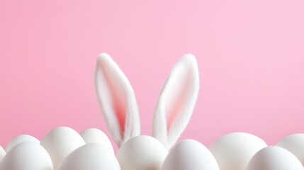 Bunny ears peeking over a collection of white eggs on a pastel background, ideal for festive designs with ample blank space
