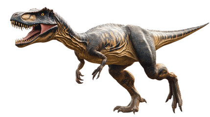 Obraz premium Tyrannosaurus Rex in Action: A fearsome Tyrannosaurus Rex dinosaur model with razor-sharp teeth and powerful claws, frozen in mid-stride, showcasing its prehistoric power and majesty.