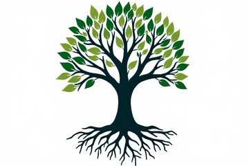 Naklejka premium A stylized tree with green leaves and dark roots, symbolizing growth, nature, and connection to the earth.
