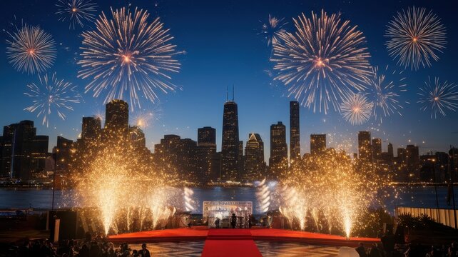 Fireworks illuminate the skyline at an extravagant outdoor event, creating a festive atmosphere. The red carpet welcomes guests amid vibrant colors.