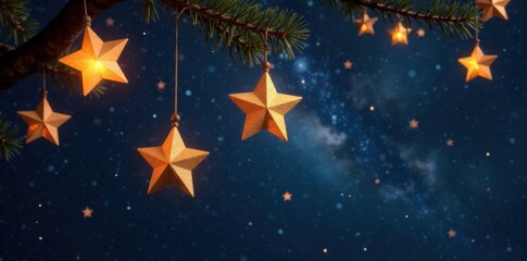 Fototapeta premium Hanging golden stars against dark sky, star, celestial, constellation