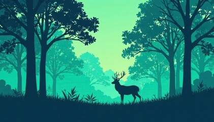 Blue treeline with green silhouette of deer in forest, tree line, nature scene