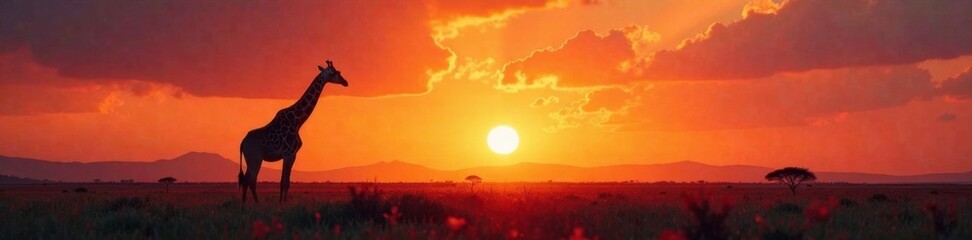 Fototapeta premium Humongous Giraffe Silhouette at Sunset, tall, savannah, shape