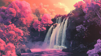 Floral tones dissolve into surreal radiant landscapes., generative ai. Radiant Falls. Illustration