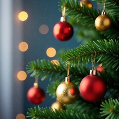 Obraz premium Christmas tree branch with ornaments and gold decorations, decorations, gold, tree