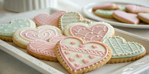 Heart-Shaped Cookies with Pink Icing in Pastel Tones
