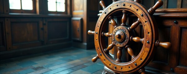 Obraz premium Classic wooden ship wheel, wood, vintage