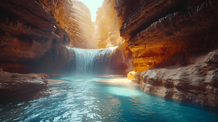 Naklejka premium Intimate glimpse of light rivers and luminous falls in a magical canyon - enchanting natural wonders. Radiant Falls. Illustration