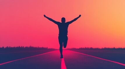 Fototapeta premium Silhouette of a Determined Athlete Celebrating Victory with Outstretched Arms on a Bright Sunrise Horizon Over a Clear Track, Epitomizing Resilience and Achievement