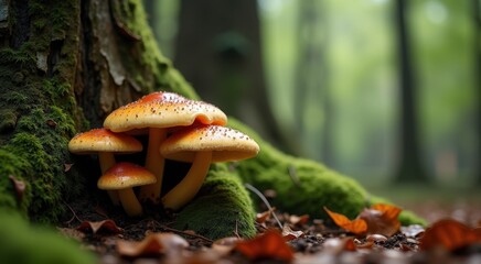 Fototapeta premium Three mushrooms that are growing out of the moss