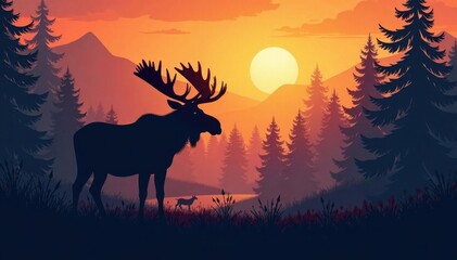 Naklejka premium Moose silhouette in forest, forest, outdoors