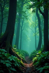 Obraz premium Moody forest scene with dark greens and exotic foliage, forest, nature, mystical