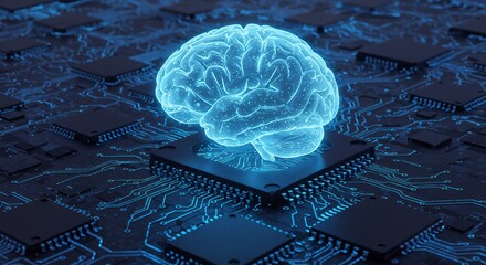 Visualization of a glowing blue brain overlaying a microchip on a digital circuit board. Represents artificial intelligence, neural networks, and advanced technology in data and computation.


