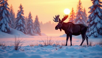Naklejka premium Moose silhouette in the Arctic snow, cold, forest, frozen