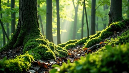 Mossy forest floor with sunlight filtering through trees, sunlight, forest floor, greenery