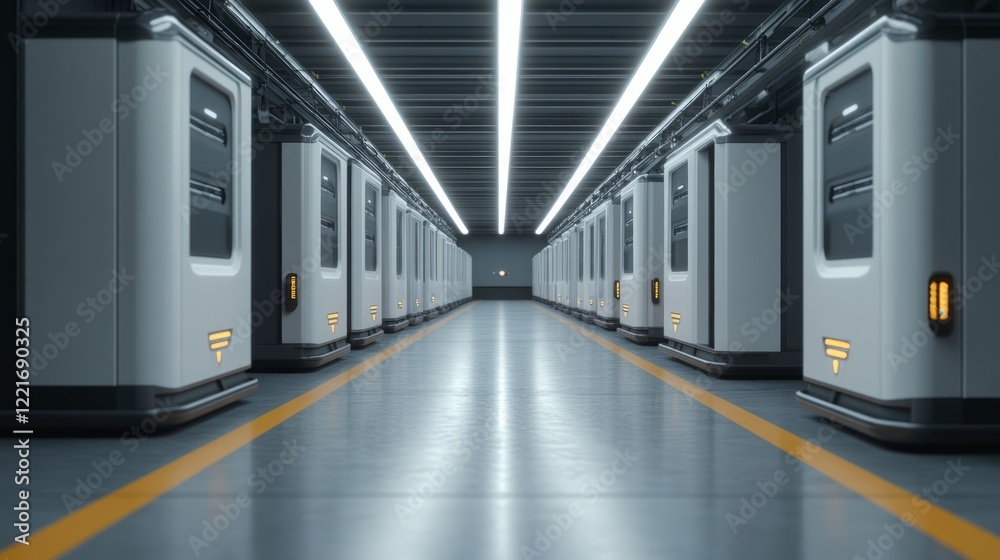 Poster high-tech data center with rows of modern server racks in a sleek, futuristic environment featuring 