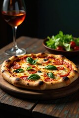 Old wooden table with a steaming hot pizza and a side salad, green, wood