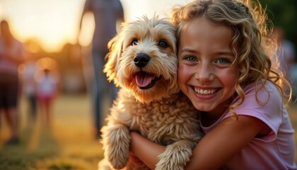 Fototapeta na wymiar Girl hugs dog happily at pet adoption event. Family interacts with animals in bright, light outdoor environment. Celebration of love, responsibility. Chance for pets to find loving homes. Image